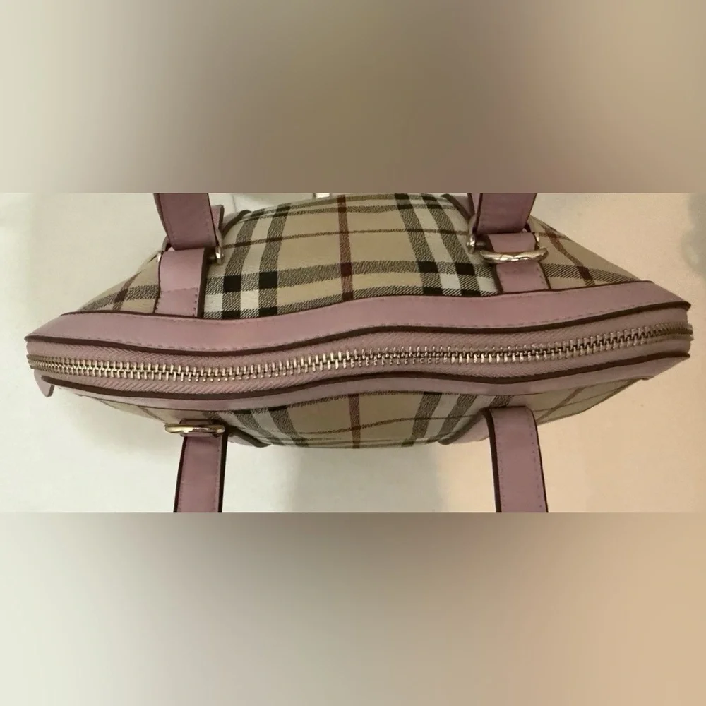 Plaid Dome Satchel Shoulder Bag Coated Canvas Pink Faux Leather Trim